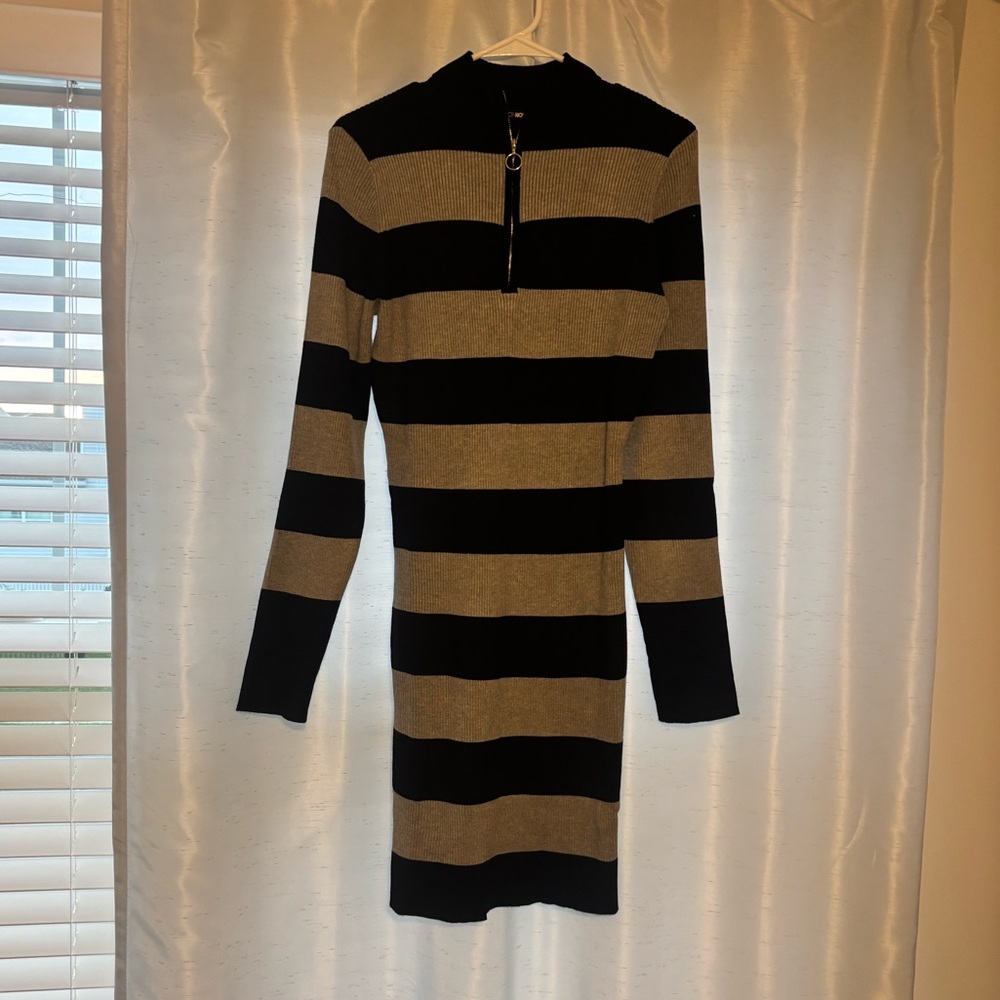 Fashion Nova Black and Tan Striped Long Sleeve Dress